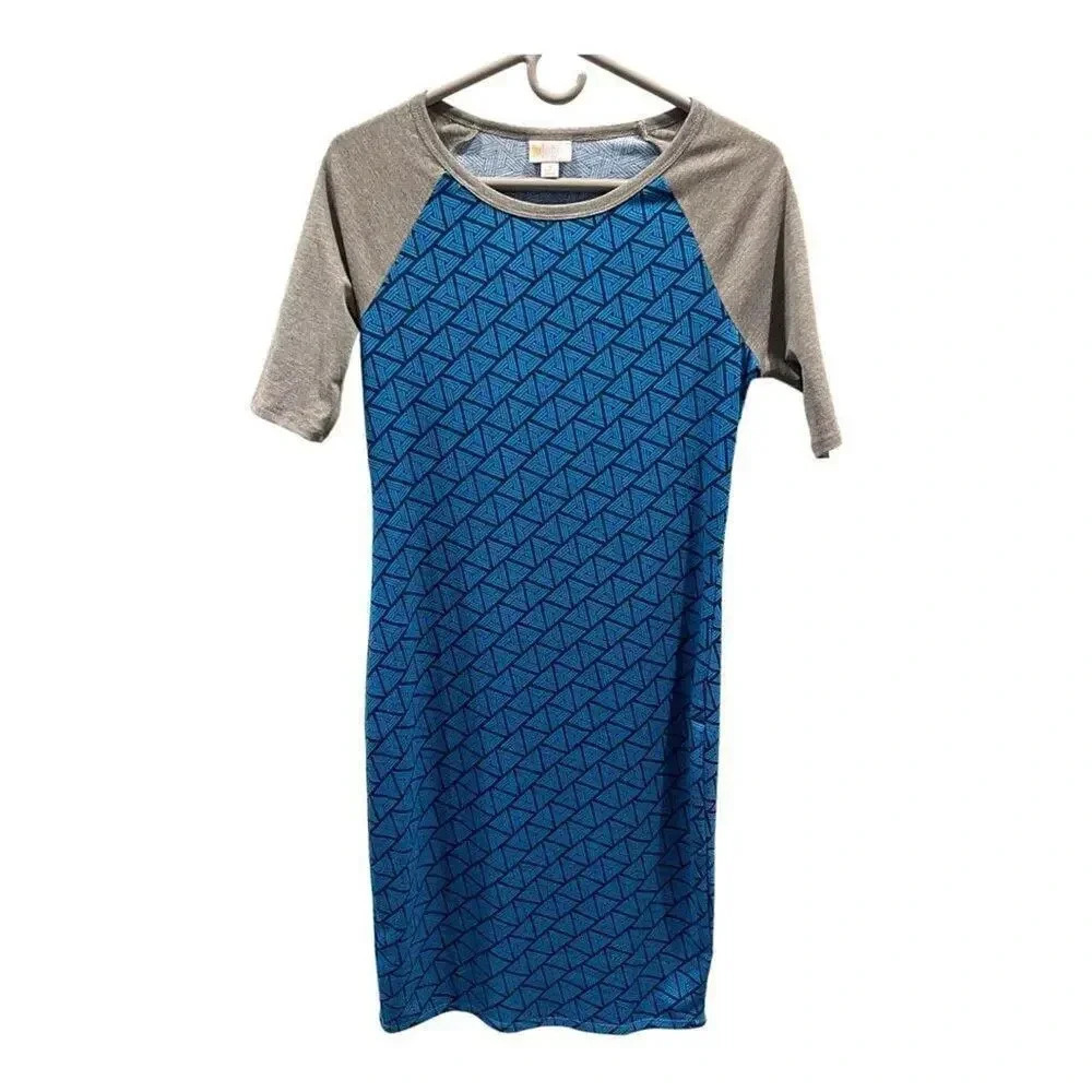 NEW LuLaRoe Women’s Small Julia Geometric Teal & Navy Pattern Gray Sleeves